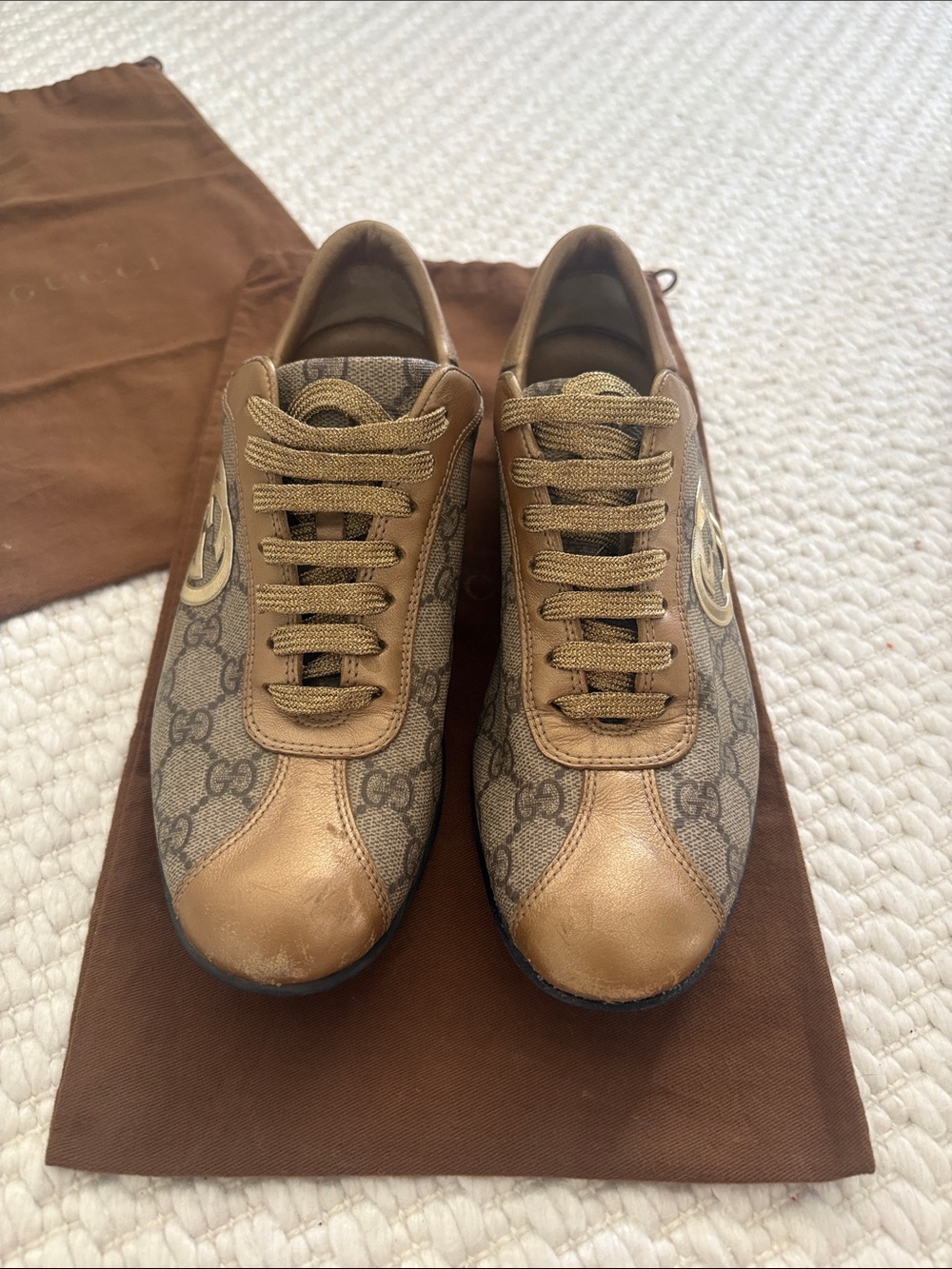 Gucci Gold Metallic GG Canvas Low-Top Sneakers 37.5